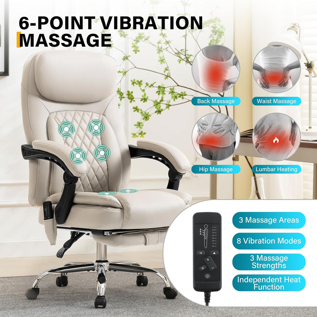 6-Point Massage Office Chair with Heated, Ergonomic Office Chair with Footrest & 45°Reclining High Back, Big and Tall Executive Office Chair 500LBS, Thick Cushion Desk Chair for Home Office, Beige(PU)