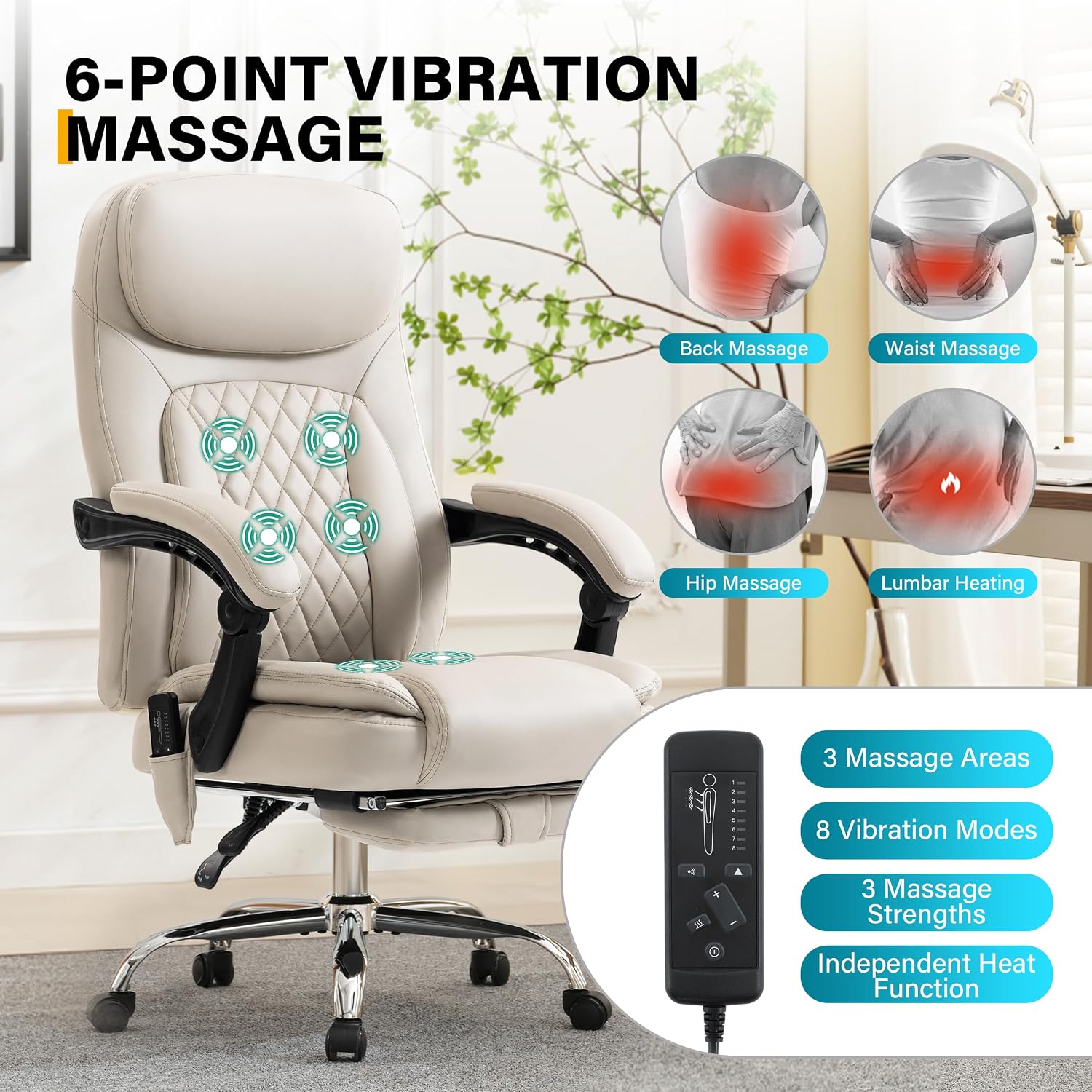 6-Point Massage Office Chair with Heated, Ergonomic Office Chair with Footrest & 45°Reclining High Back, Big and Tall Executive Office Chair 500LBS, Thick Cushion Desk Chair for Home Office, Beige(PU)