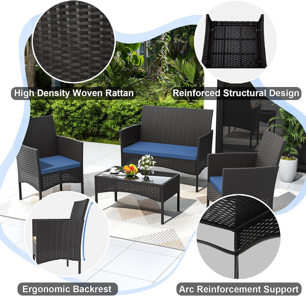 Gotland 8 Pieces Patio Furniture Set, Wicker Outdoor Furniture with 4 Chairs 2 Loveseats 2 Glass Coffee Tables, Weather-Resistant Patio Set, Conversation Set for Backyard Pool Porch Navy