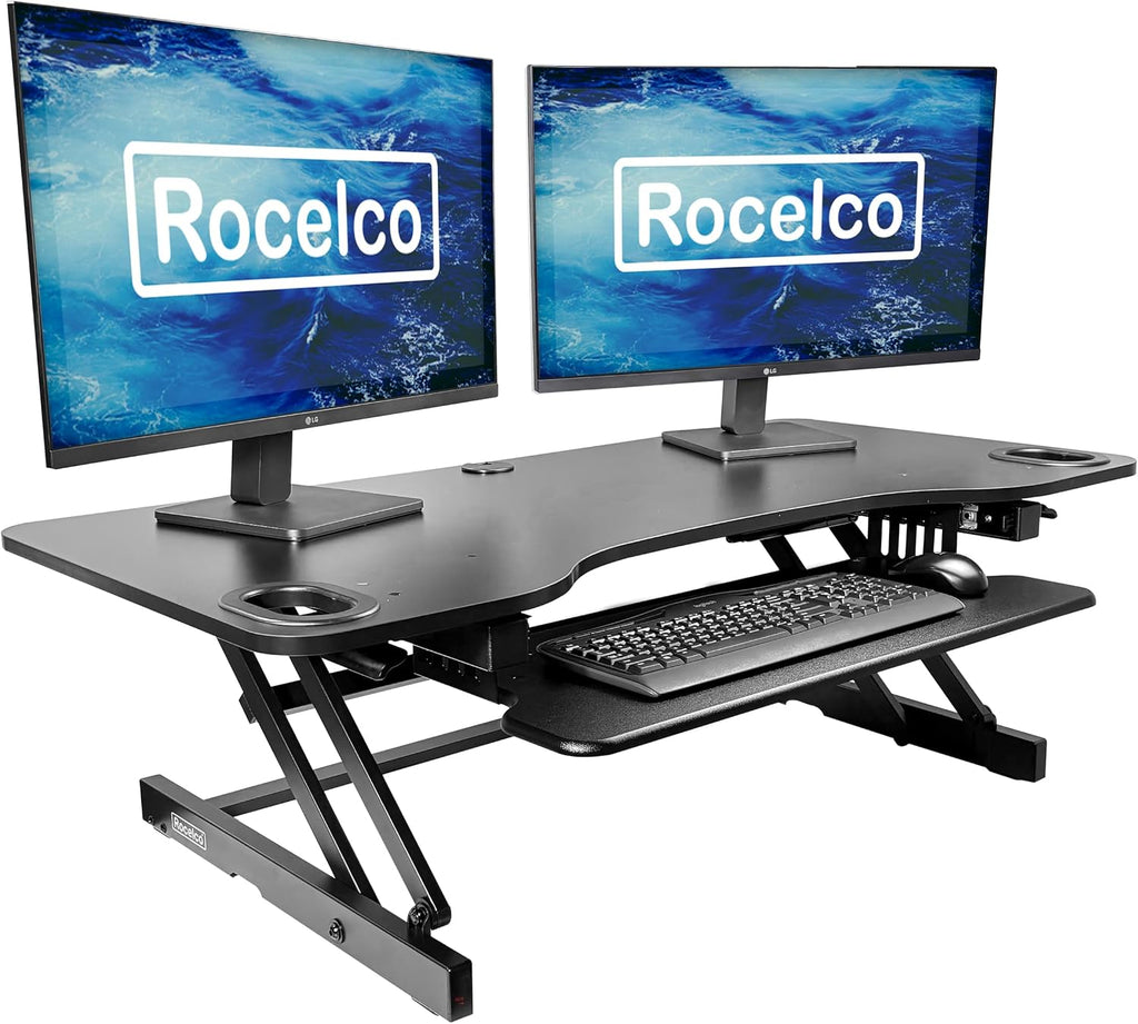 Rocelco 45' Height Adjustable Standing Desk Converter - Slide Out Retractable Keyboard Tray - Sit Stand Up Triple Monitor Riser - Dual Piston Lift Tabletop Computer Workstation - Black (R ADRB-45)