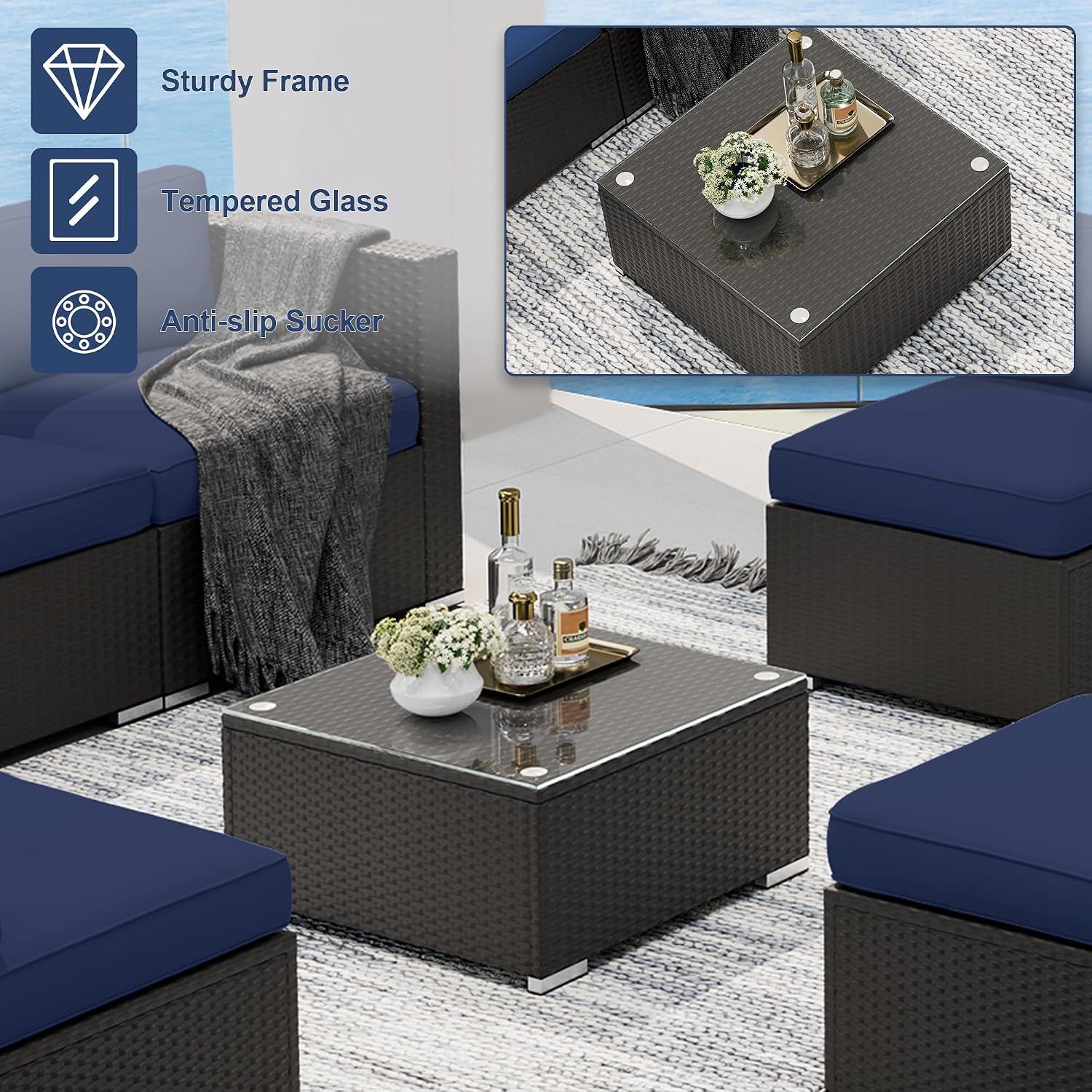 SUNCROWN 7-Piece Outdoor Patio Furniture Sofa Set All-Weather Black Wicker Sectional Cushioned Washable Seat Conversation Set with Modern Glass Coffee Table and Cushions, Backyard, Garden, Dark Blue