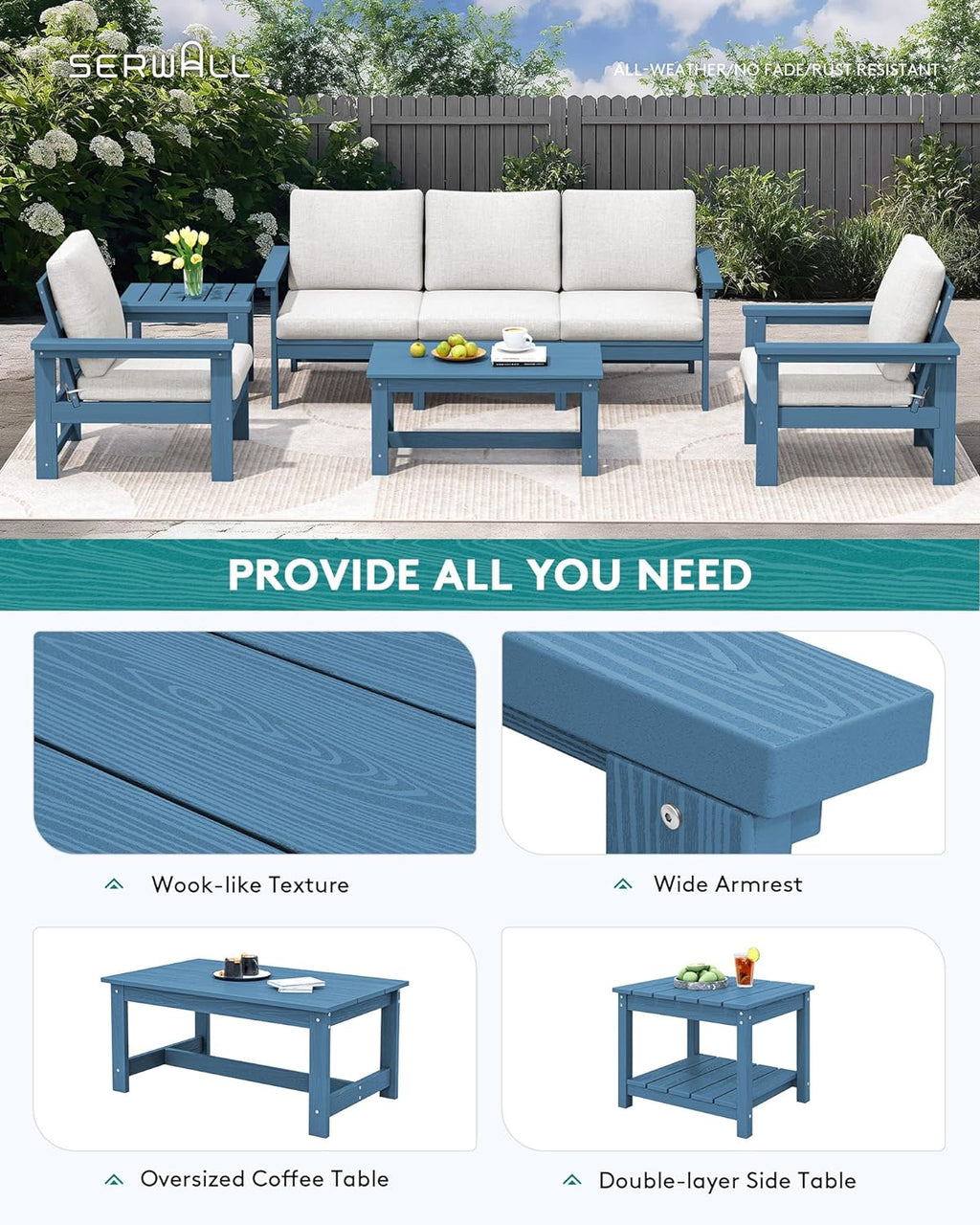 SERWALL HDPE Patio Furniture Set, 7-piece Outdoor Sectional Sofa Set, All Weather Outdoor Couch Set for Deck, Lawn, Blue Frame with Grey Cushion
