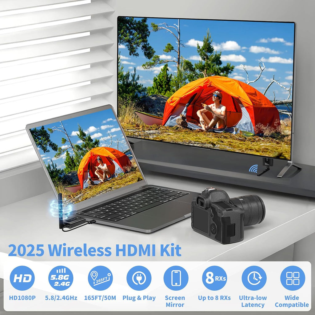 Upgraded Wireless HDMI Transmitter and Receivers with LED Screen,165FT Plug & Play 1080P HD Output 5.8GHz Extender for TV Box/Laptop/Projector/Camera to Multiple Screens Black