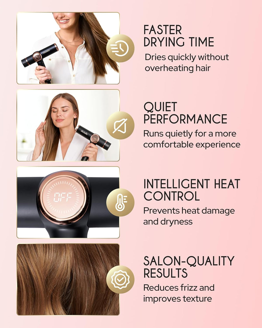 ELLA BELLA® Professional Ionic Hair Dryer with Diffuser Dual Voltage • Negative Ion Blow Dryer • Suitable All Hair Types • Intelligent Heat Control & Rapid Drying Speeds • Low Noise Lightweight Design
