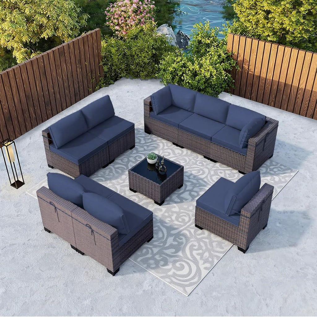 Kullavik 9 Pieces Outdoor Patio Furniture Set,Outdoor Sectional Rattan Sofa Set Brown PE Rattan Wicker Patio Conversation Set with Tempered Glass Coffee Table and Washable Cushions Covers,Navy Blue