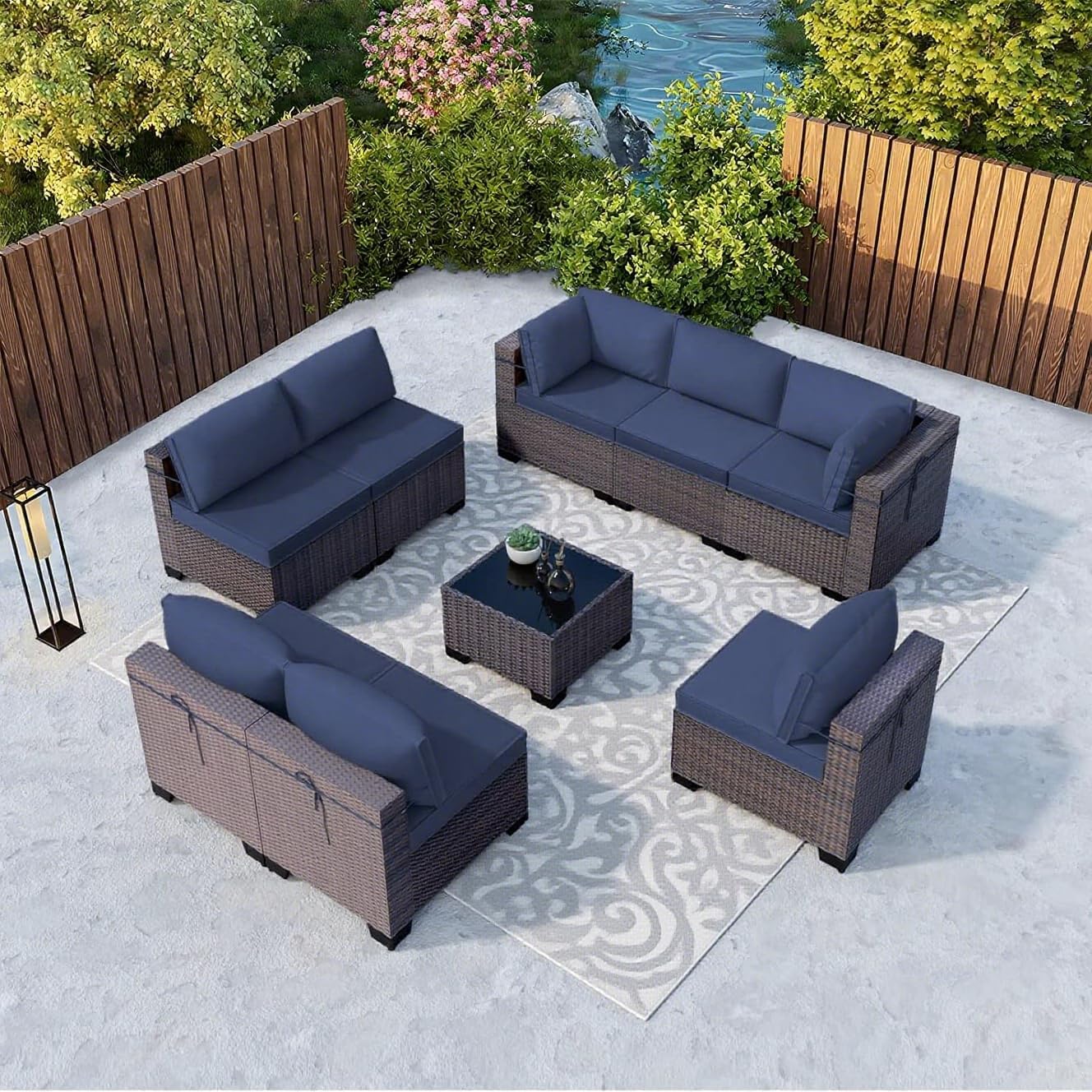 Kullavik 9 Pieces Outdoor Patio Furniture Set,Outdoor Sectional Rattan Sofa Set Brown PE Rattan Wicker Patio Conversation Set with Tempered Glass Coffee Table and Washable Cushions Covers,Navy Blue