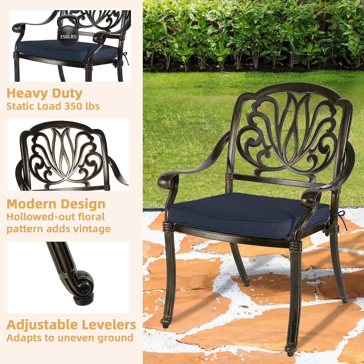 5-Piece Outdoor Patio Dining Set, All-Weather Cast Aluminum Patio Furniture Set for Backyard Garden Deck with 4 Chairs, 4 Cushions and 35.4' Round Table, 2' Umbrella Hole, Navy