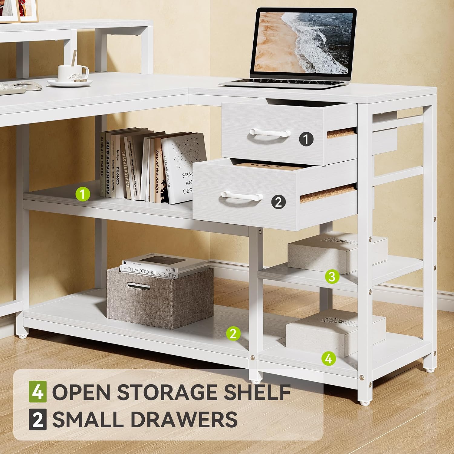 LITTLE TREE 55-Inch L-Shaped Computer Desk, Reversible Computer Desk with Drawers and Storage Shelves, Corner Desk Gaming Desk Work Desk for Home Office, White