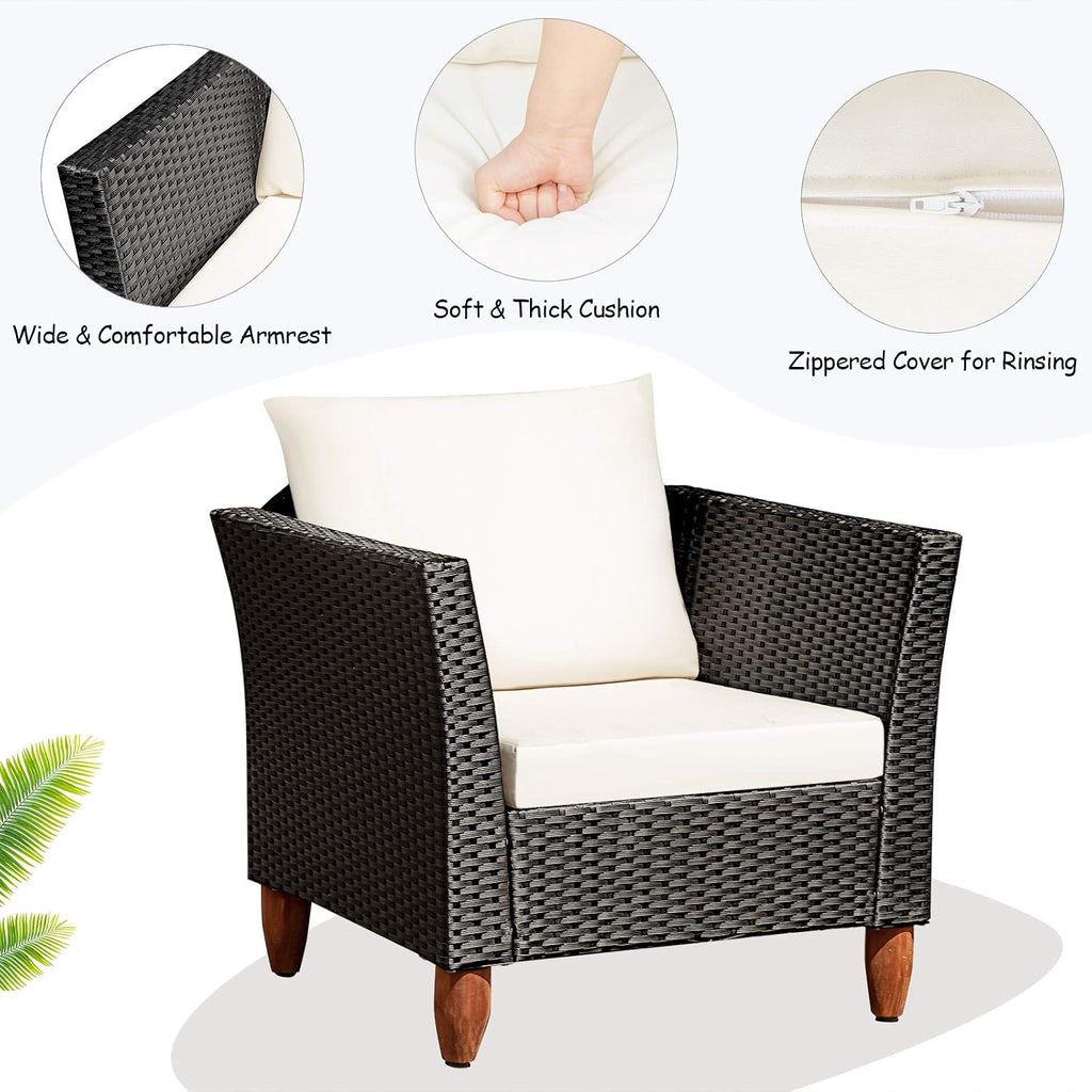 COSTWAY 3 Pieces Patio Rattan Furniture Set, Outdoor Wicker Conversation Chairs Set with Acacia Wood Coffee Table & Washable Cushion, Porch Furniture Bistro Set for Balcony, Garden, Backyard, White