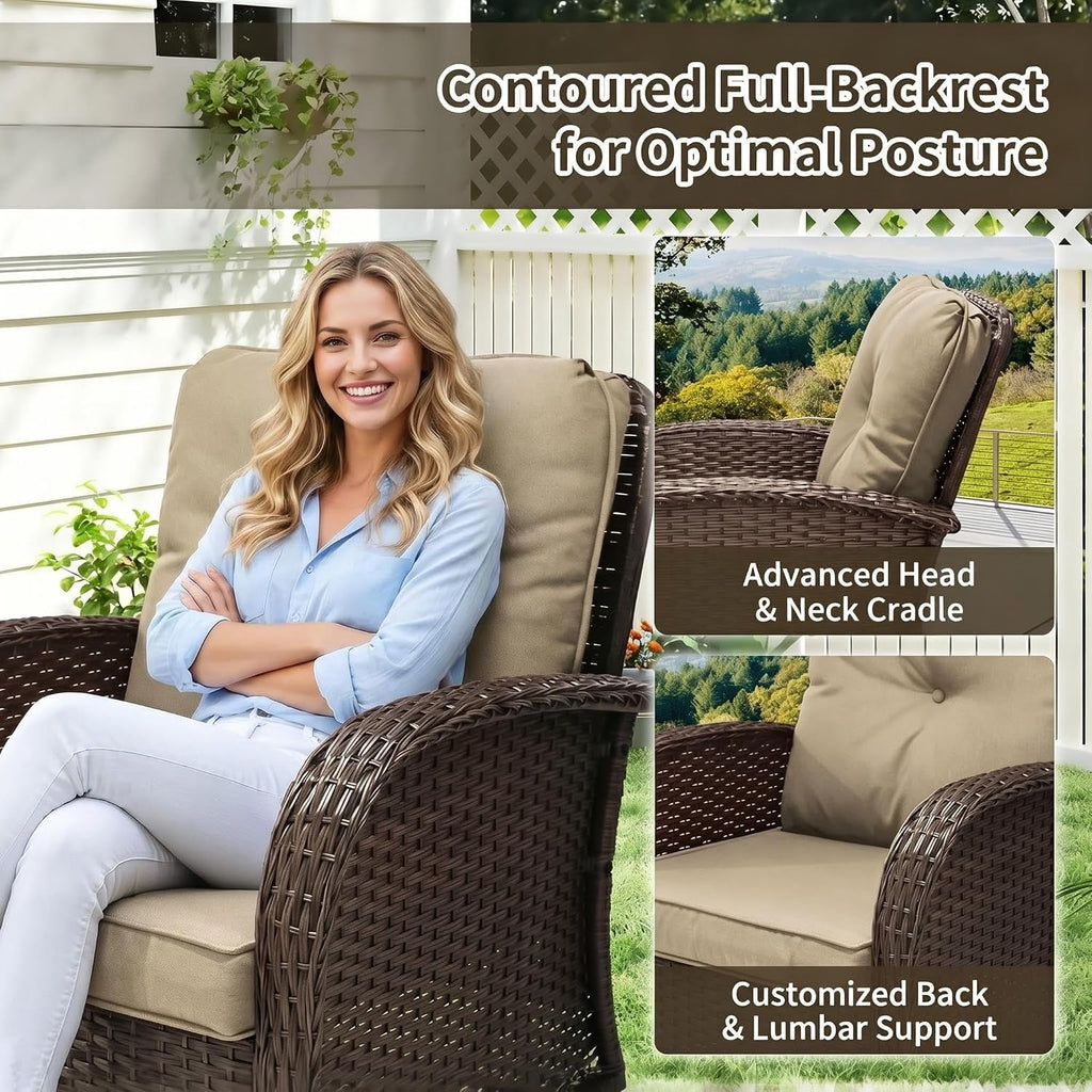 SHGJ&SOFT 3 Piece Patio Furniture Set, 2 Outdoor Swivel Rocking Chairs with Side Table, Wicker Glider Chairs, All-Weather Rattan Bistro Set for Porch, Deck, Pool (Brown, Brown Full-Weave Rattan)