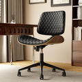 Armless Home Office Desk Chair with Wheels, No Arms Height PU Leather Office Chair, Mid Back 360 Swivel Ergonomic Computer Chair, Walnut Curved Seat Design No-Arm Chair (All-Black)