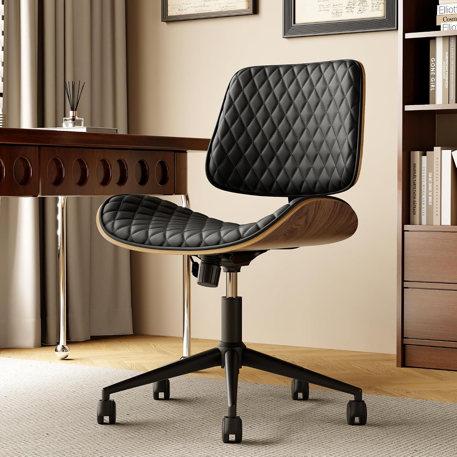 Armless Home Office Desk Chair with Wheels, No Arms Height PU Leather Office Chair, Mid Back 360 Swivel Ergonomic Computer Chair, Walnut Curved Seat Design No-Arm Chair (All-Black)