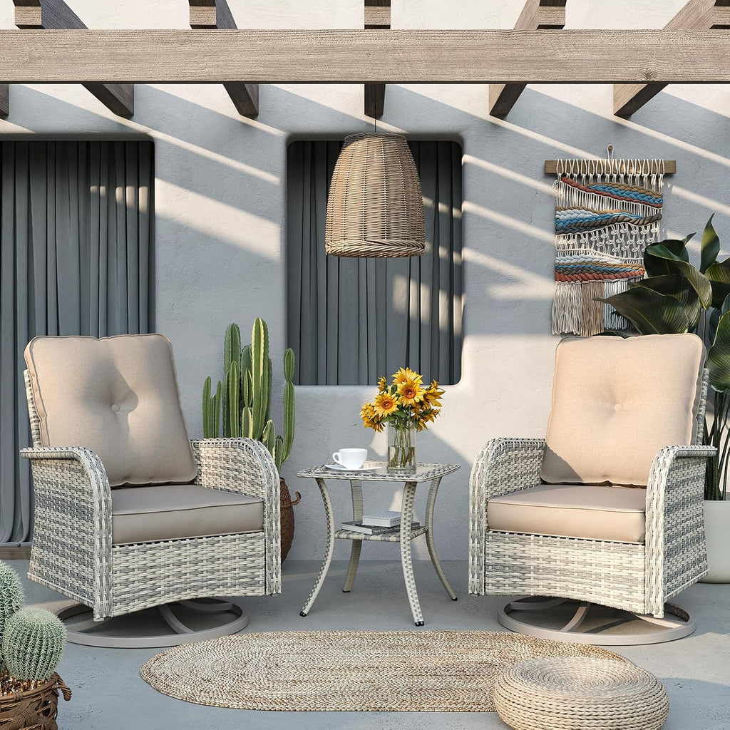 Patio Rocking Swivel Chair Outdoor Wicker Rattan Bistro Set with Tempered Glass Side Table, Outdoor Patio Furniture Set for Garden, Deck, and Balcony, Beige