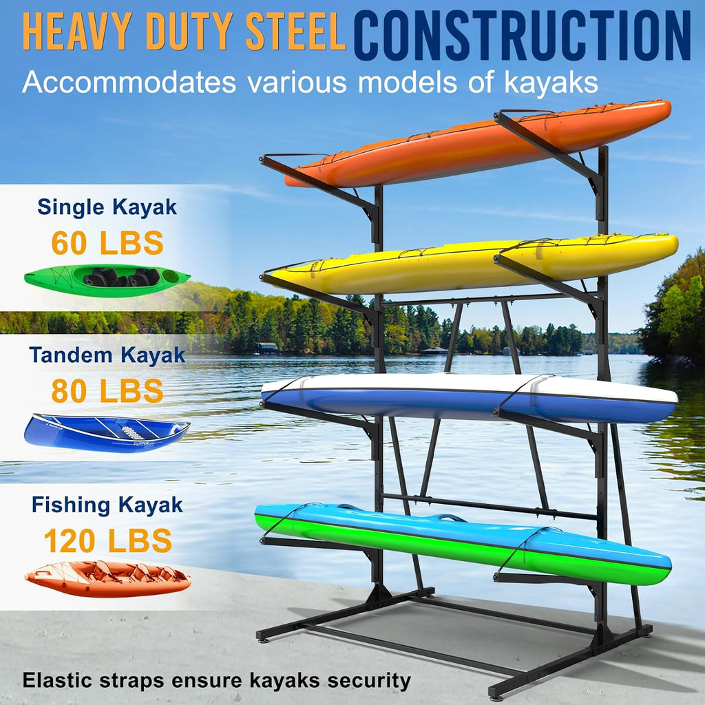 Kayak Racks for Outdoor Storage, Kayak Storage Rack, 4 Tier Adjustable Freestanding Kayak Rack Holder for Paddleboard Surfboard SUP