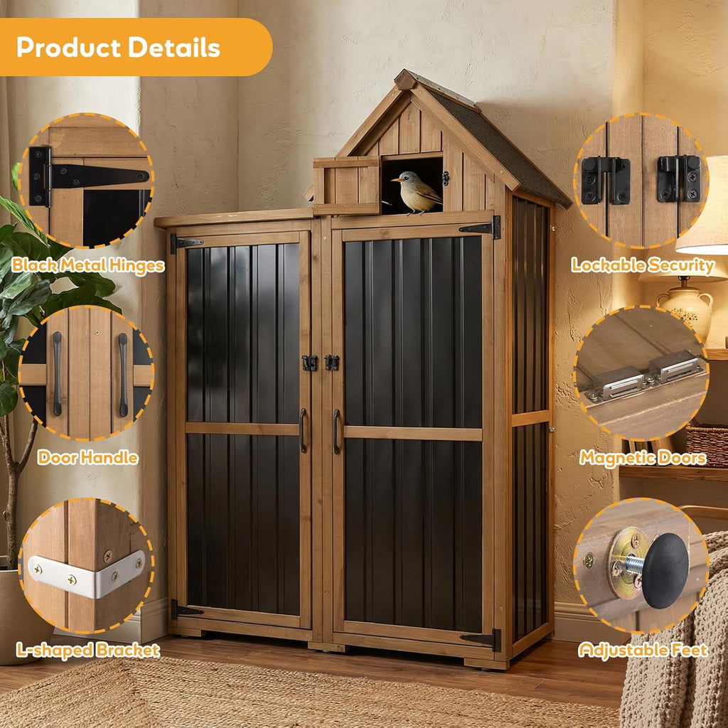 PetsCosset Outdoor Storage Cabinet Wood & Metal Garden Shed with Lockable Doors, 3 Adjustable Shelves, Weatherproof Patio Backyard Storage for Tools & Garden Supplies