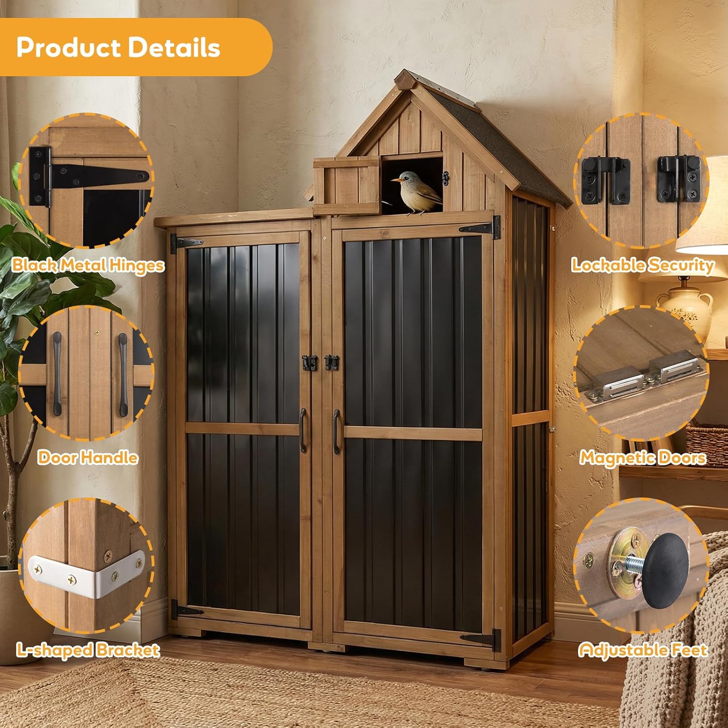 PetsCosset Outdoor Storage Cabinet Wood & Metal Garden Shed with Lockable Doors, 3 Adjustable Shelves, Weatherproof Patio Backyard Storage for Tools & Garden Supplies