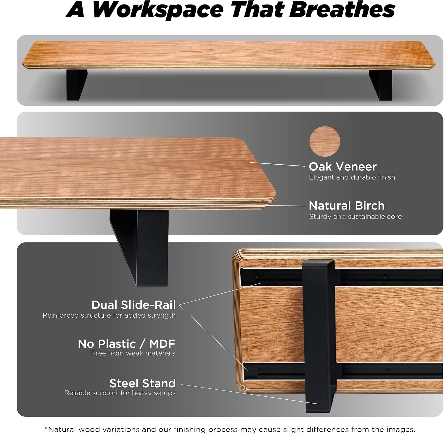 ULTRARM Moodular Wooden Monitor Stand 45.6' (116cm) Large Desk Organizer with Metal Slide Rails for Drawer, Tray, Laptop, Tablet, Phone & Headphones Customizable Riser for Organized Workspace Oak