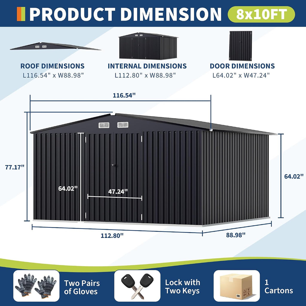 8x10 FT Metal Storage Sheds Outdoor, MetalTool Shed with Lockable Door, MetalYard Sheds Garden Shed Kit, Metal UtilitySheds Buildings with Air Vent for Backyard Garden Patio Lawn