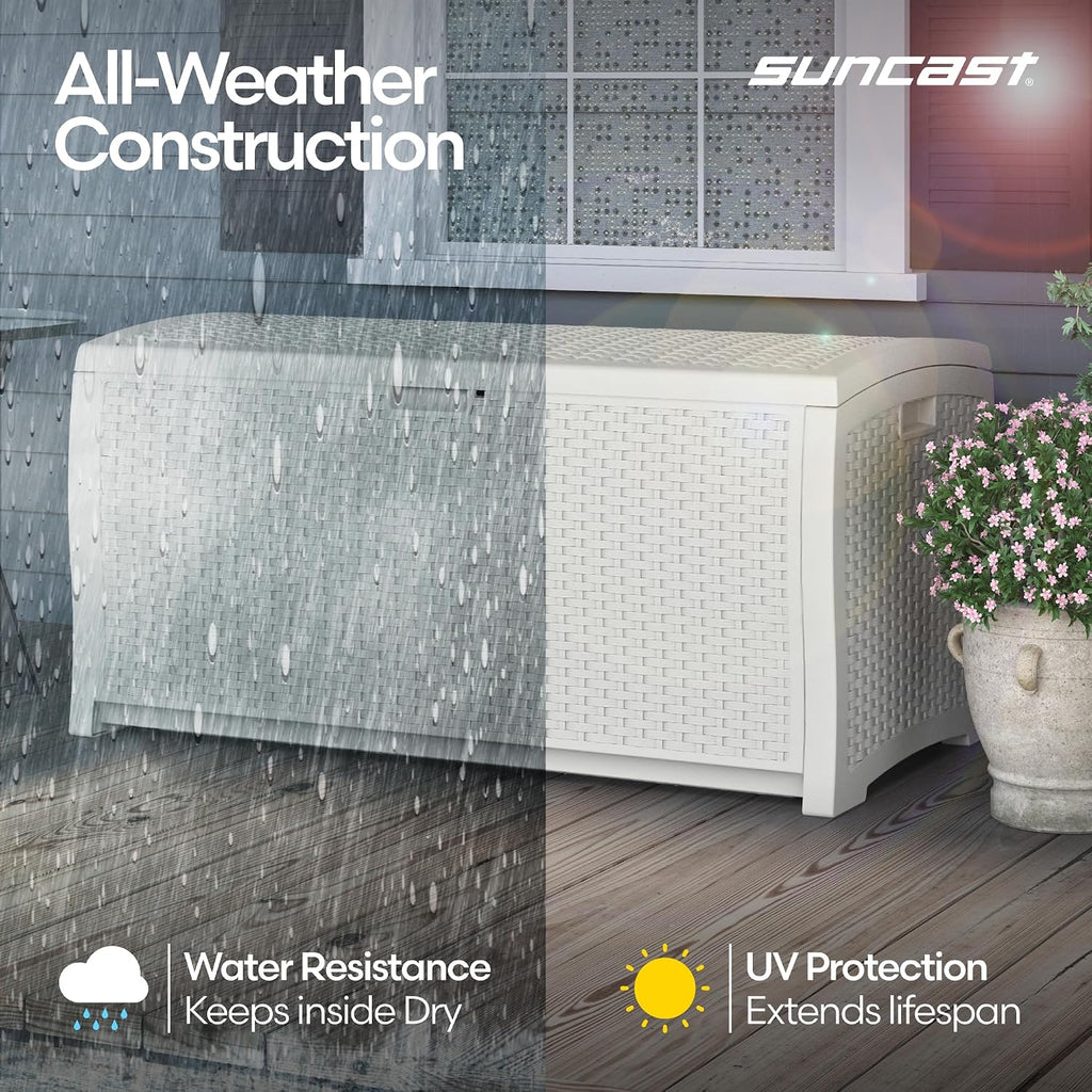 Suncast 99 Gallon Wicker Horizontal Outdoor Deck Box with Hinged Lid, Water-Resistant Storage Solution for Patio, Deck, Yard, and Garage, White, Made in the USA
