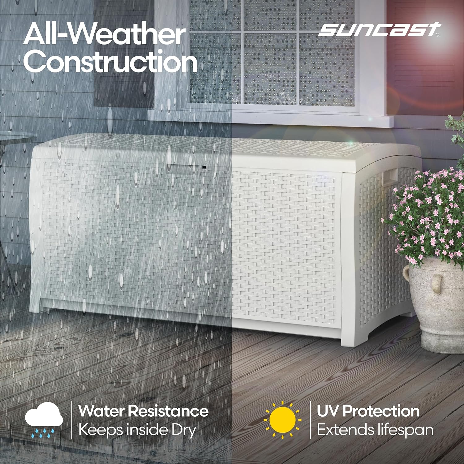 Suncast 99 Gallon Wicker Horizontal Outdoor Deck Box with Hinged Lid, Water-Resistant Storage Solution for Patio, Deck, Yard, and Garage, White, Made in the USA