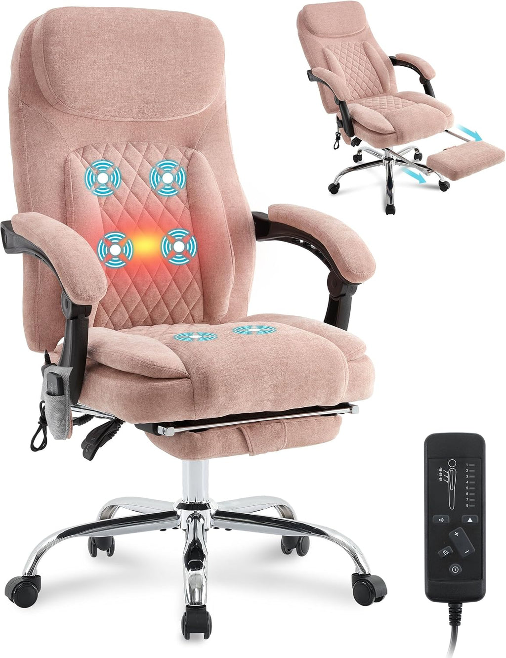 6-Point Massage Office Chair with Heated, Ergonomic Office Chair with Footrest & 45°Reclining High Back, Big and Tall Executive Office Chair 500LBS, Thick Cushion Desk Chair for Home Office, Pink
