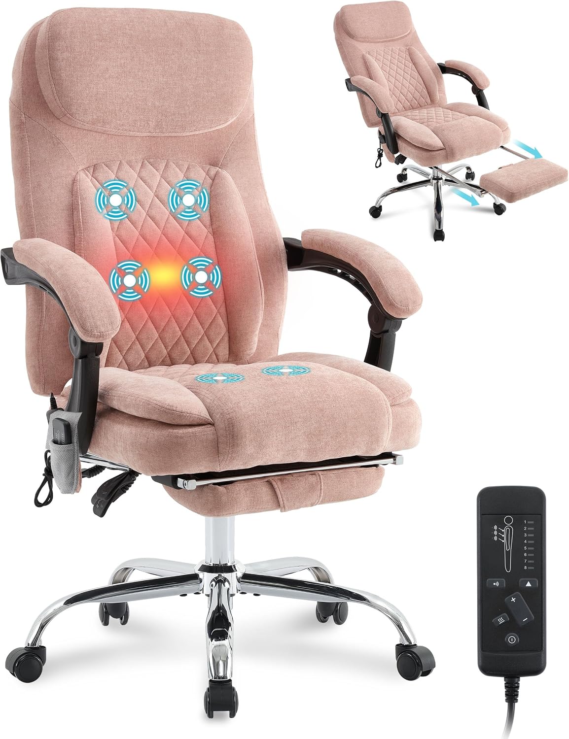6-Point Massage Office Chair with Heated, Ergonomic Office Chair with Footrest & 45°Reclining High Back, Big and Tall Executive Office Chair 500LBS, Thick Cushion Desk Chair for Home Office, Pink