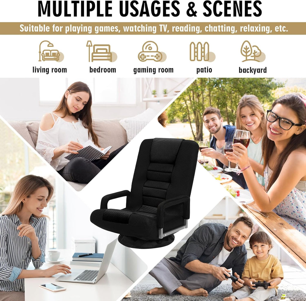 Swivel Floor Gaming Chair w/Armrests, Folding Video Reclining Sofa w/6 Adjustable Position, Padded Backrest & Cushion, Lazy Lounger Couch for E-Sports, Reading, Relaxing, Watching TV, Black
