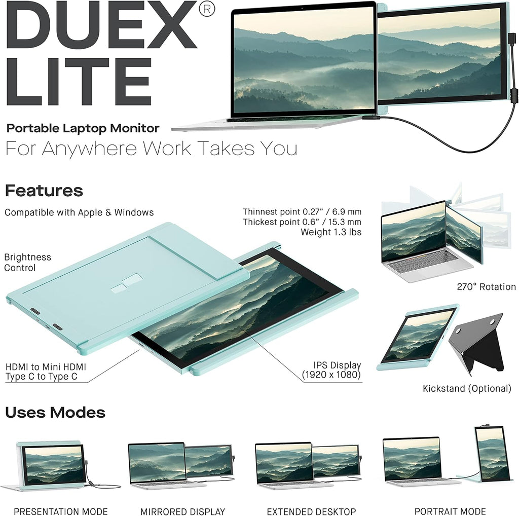 Duex Lite New Mobile Pixels Portable Monitor (2026 Upgraded), 12.5' Full HD IPS Laptop Screen Extender, USB C/HDMI Powered Plug and Play,Windows/Mac/Android/Switch Compatible (Jadeite Green)