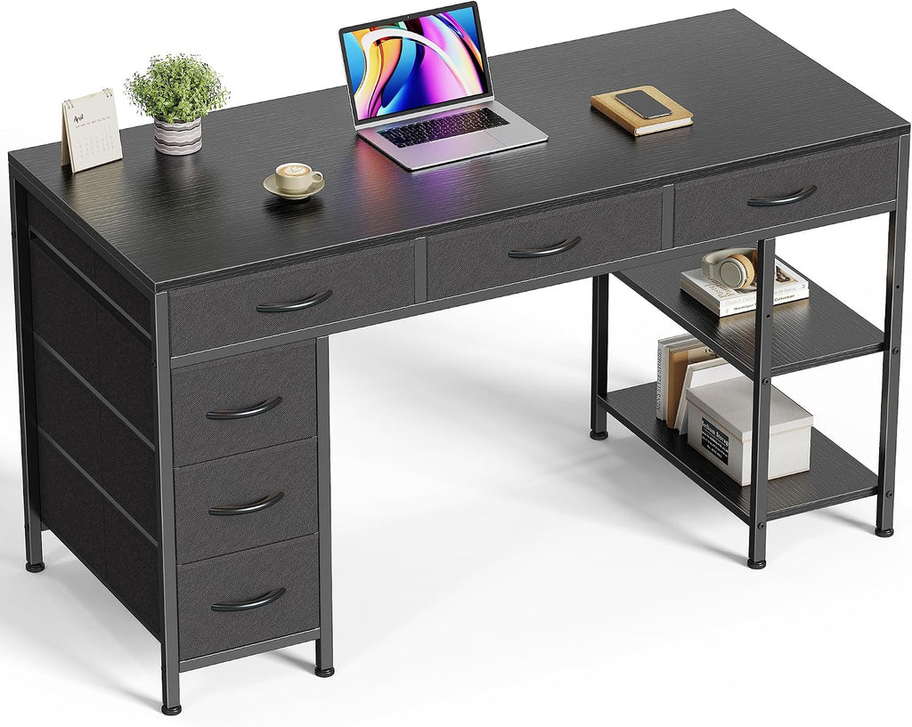 Huuger Computer Desk with 6 Drawers, Office Desk with Shelves, Reversible Gaming Desk, Corner Desk with Storage, Work for Home Office, Study, Living Room, 47inch, Black