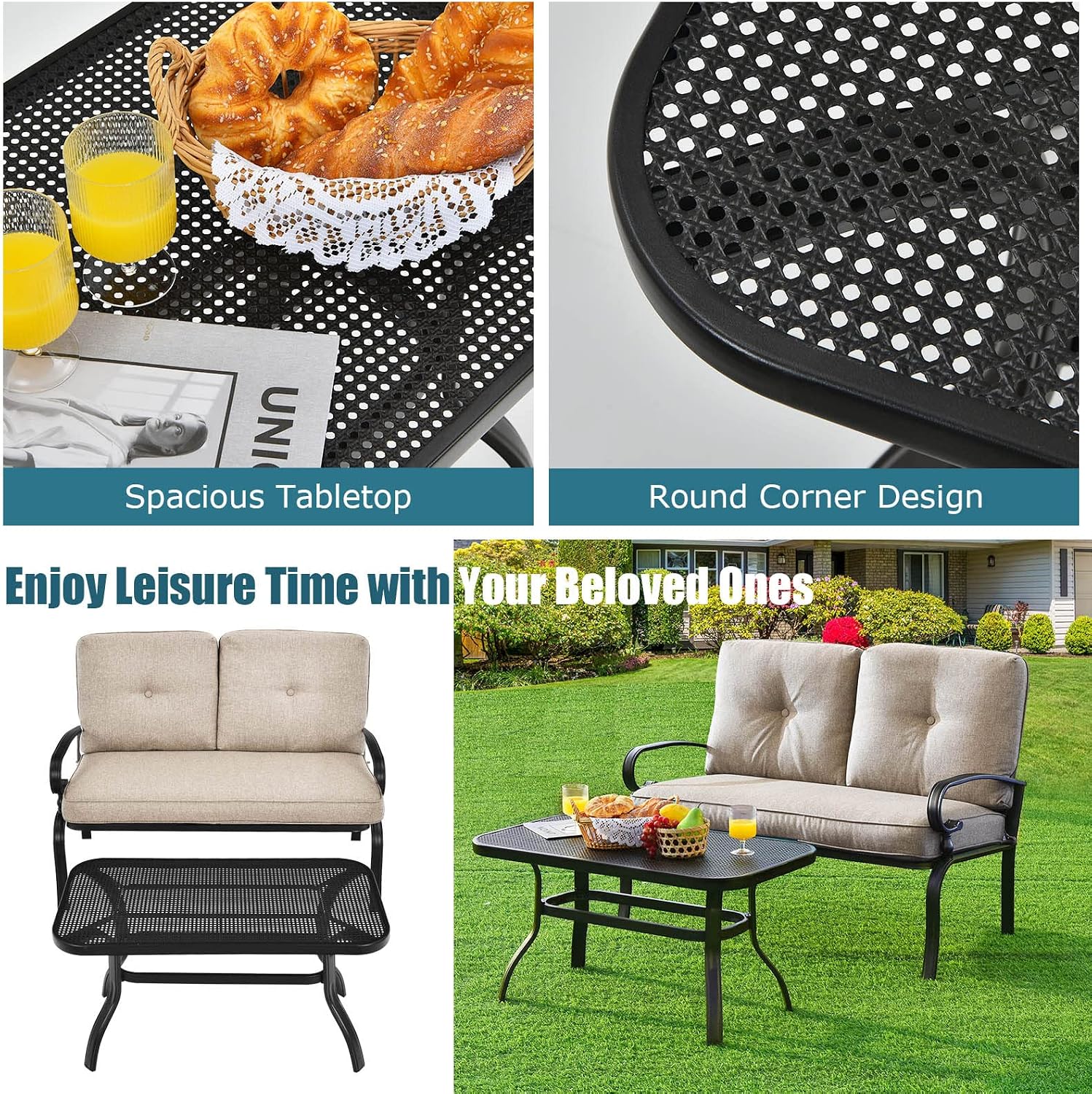 Tangkula Patio Loveseat with Table Set, 2 Seat Cushioned Sofa with Coffee Table, Patio Conversation Sofa Set with Rustproof Frame, 2 Pieces Outdoor Furniture Set for Garden, Poolside, Balcony (Beige)