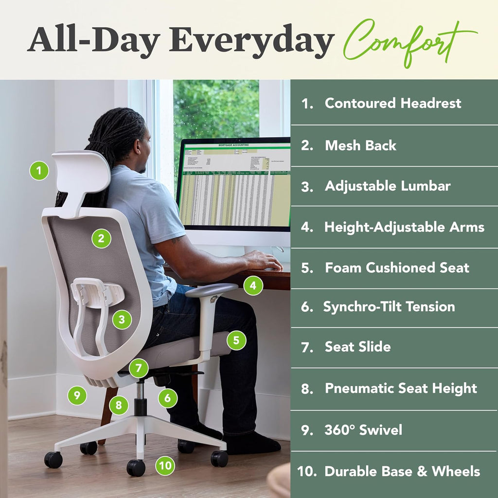 HON Altern Ergonomic Office Chair with Headrest, Mid‑Back Mesh Desk Chair, Adjustable Arms, Seat Slide, Synchro‑Tilt, Rolling Computer Seat for Home Office, White Frame, Fog