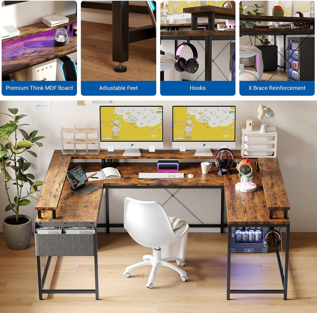 Garvee 79 Inch u Shaped Computer Desk,Large Gaming Desk with Power Outlets & LED Lights,Reversible l Shaped Desk for Home Office Work and Gaming,Rustic Brown