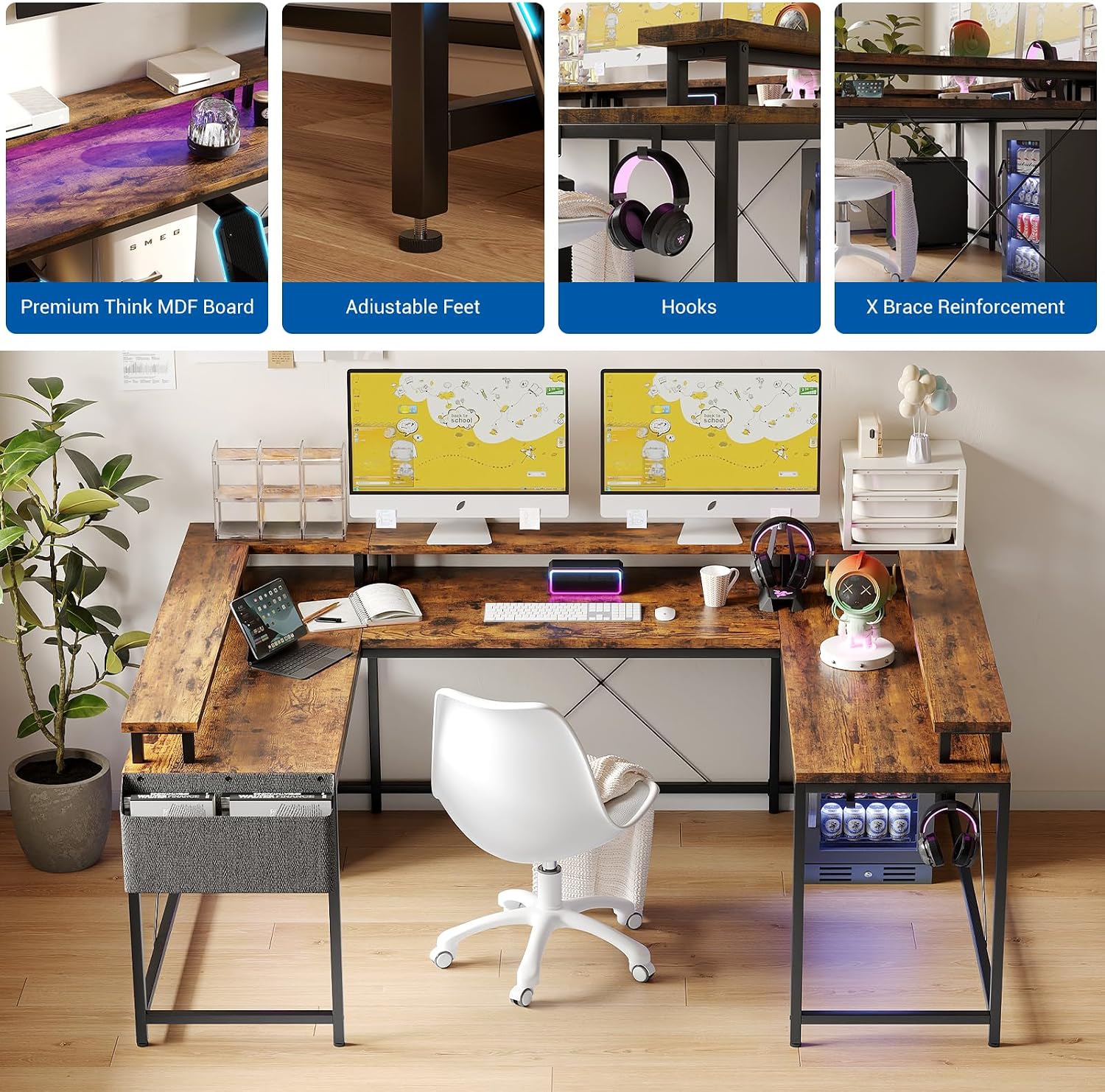 Garvee 79 Inch u Shaped Computer Desk,Large Gaming Desk with Power Outlets & LED Lights,Reversible l Shaped Desk for Home Office Work and Gaming,Rustic Brown