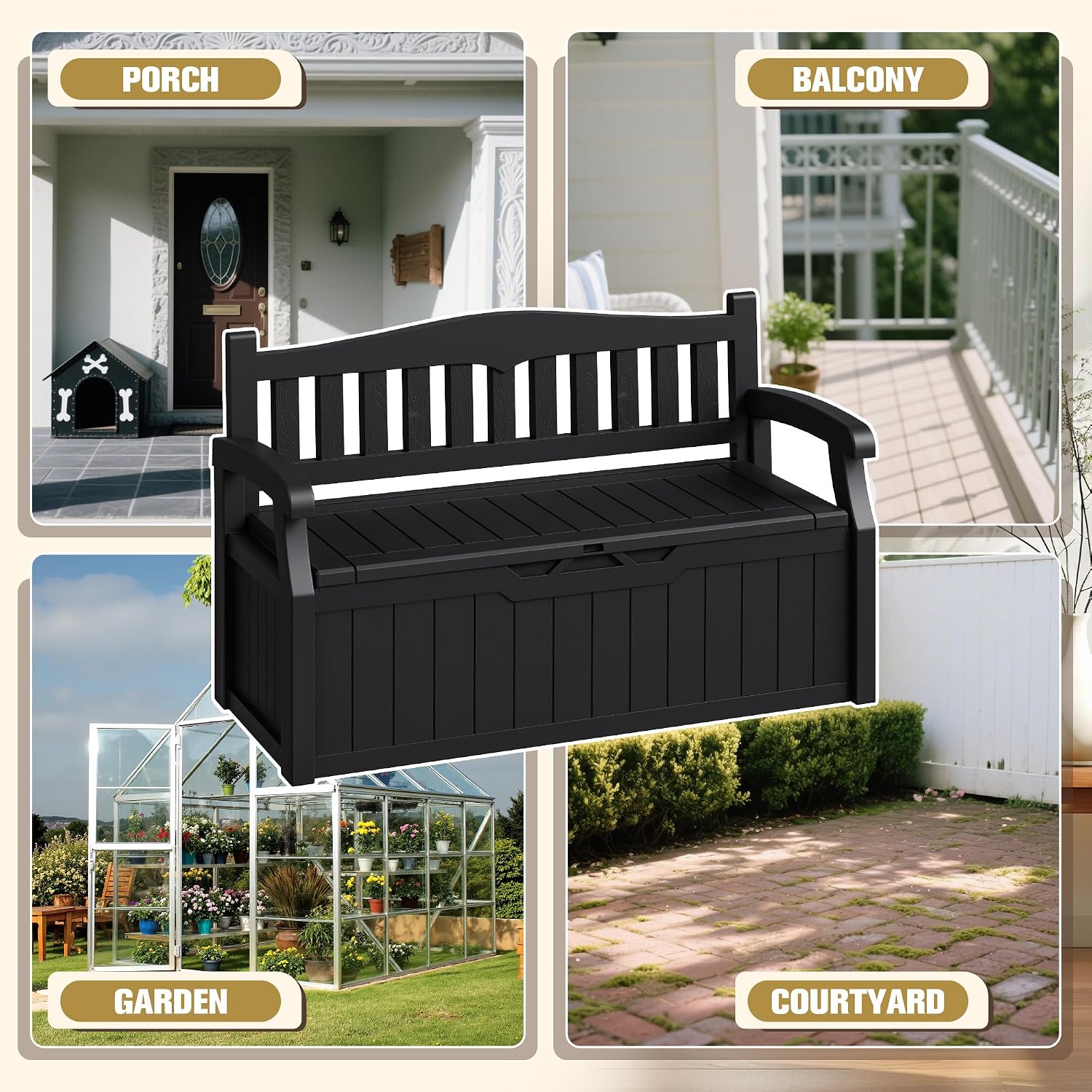 80-Gallon Outdoor Storage Bench, Waterproof Deck Box with Lockable Lid, Dark Black