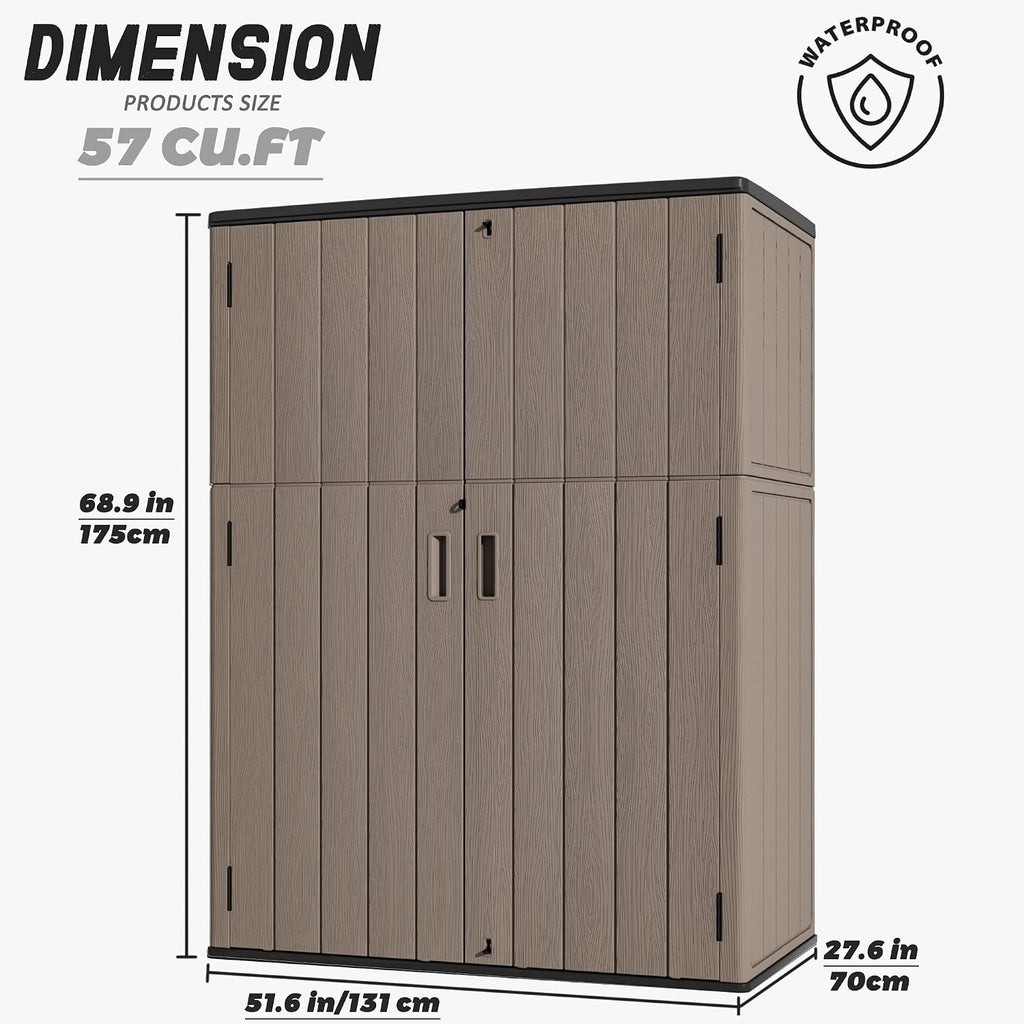 Mrosaa Outdoor Storage Shed Waterproof,Resin Storage Cabinet Outdoor with Floor,Tall Outdoor Storage Box for Garage Storage, Pool Storage, Bike, Garden (57Cu.ft)-Brown