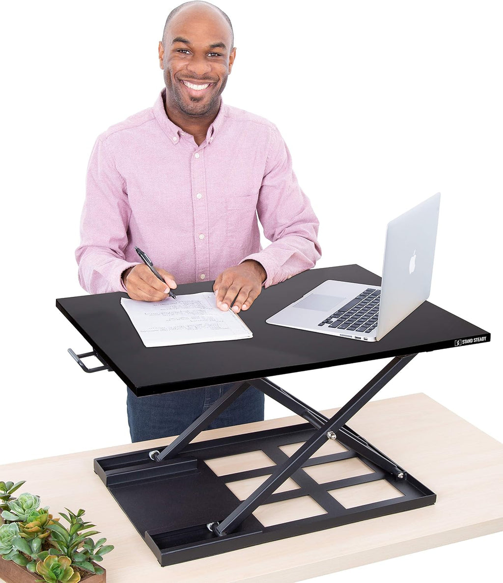 Stand Steady X-Elite Pro, Ergonomic Adjustable Height Standing Desk Converter for Home or Office, Easy Lift Sit to Stand Laptop Desk Riser for Laptop and Computer Monitor (Black, 28in x 20in)