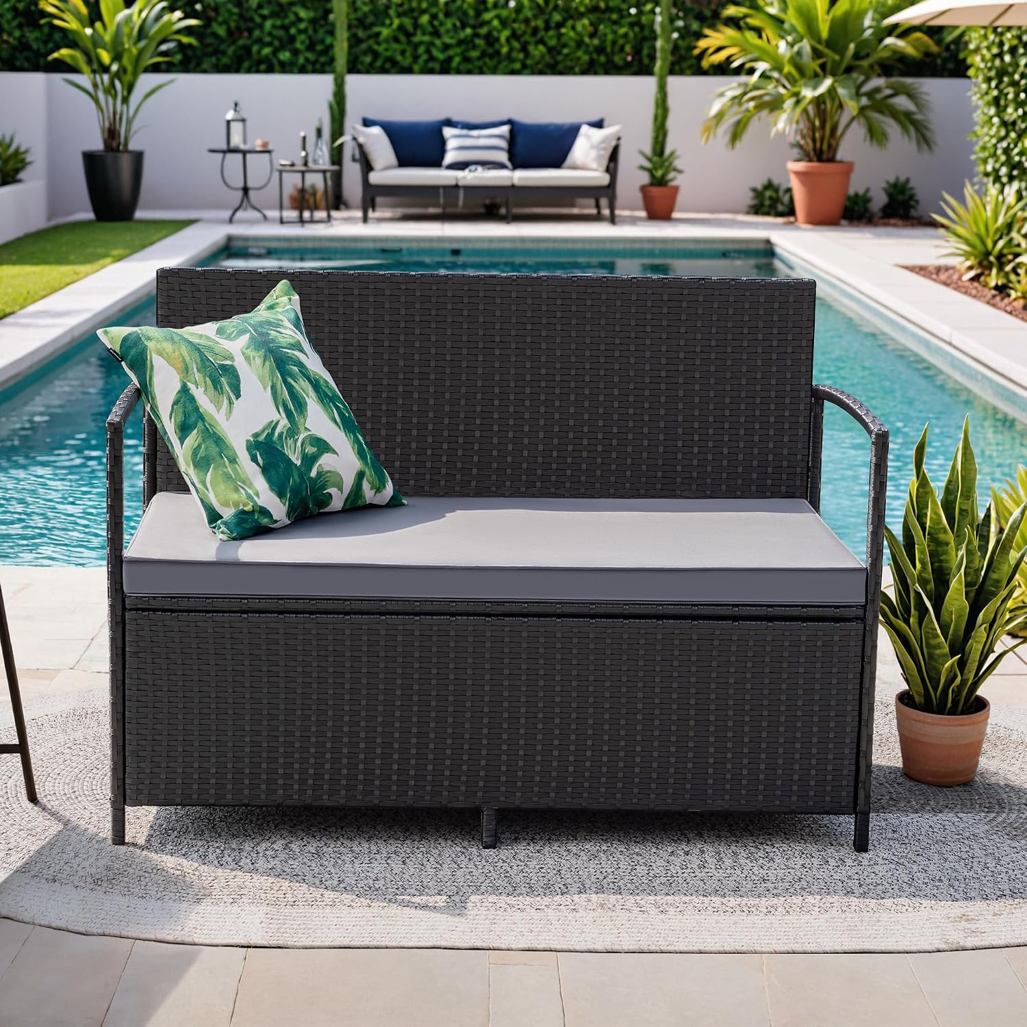 Greesum Patio Loveseat PE Rattan Wicker Outdoor Furniture with Soft Cushions & Built-in Storage Space for Lawn Garden Backyard, Black