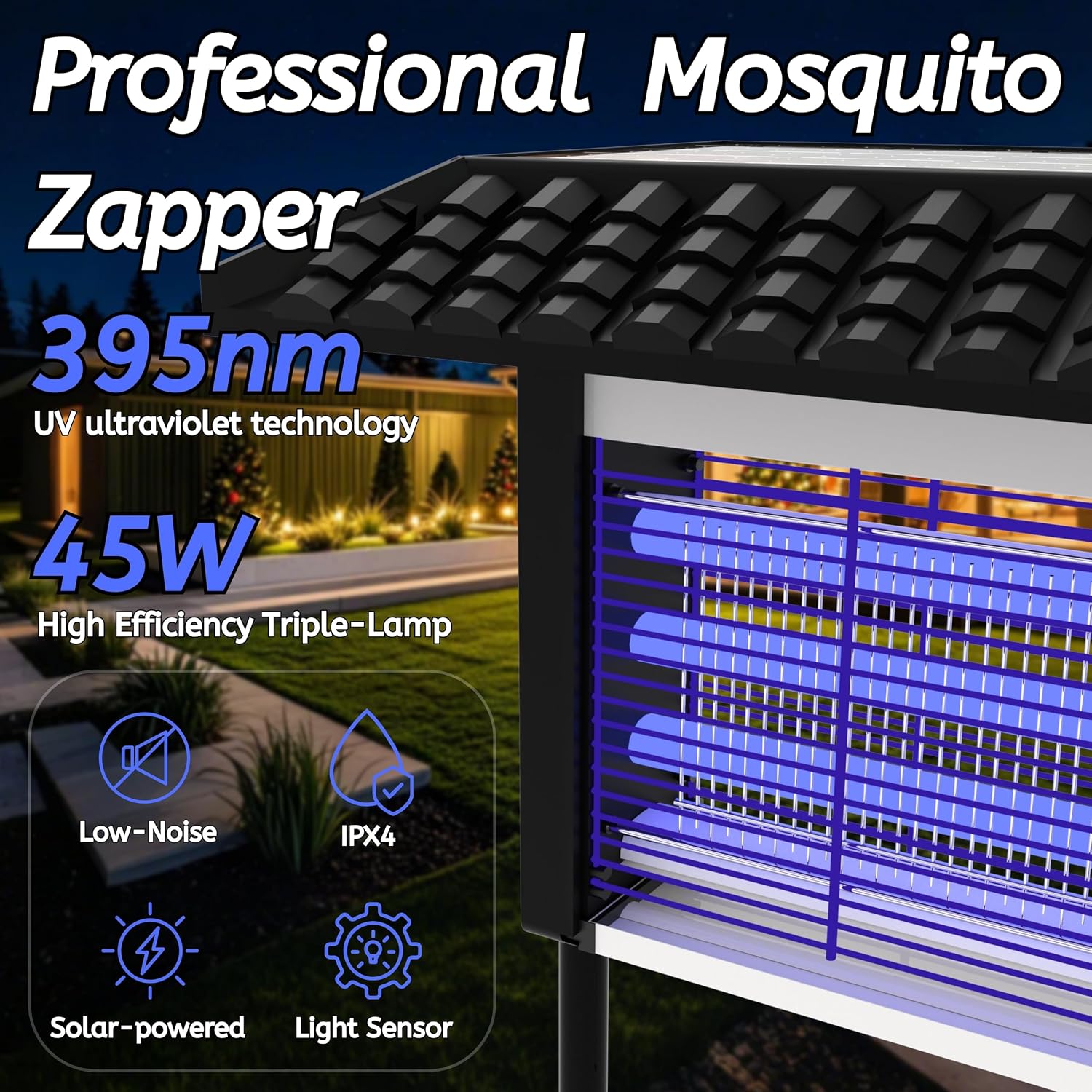 Solar Bug Zapper Outdoor Mosquitos Zapper Solar Powered Bug Zapper Outdoor Camping Fly Control for 4000 sq.ft Waterproof Fly Killer Solar Mosquito Zapper for Garden Lawn and Back Yard
