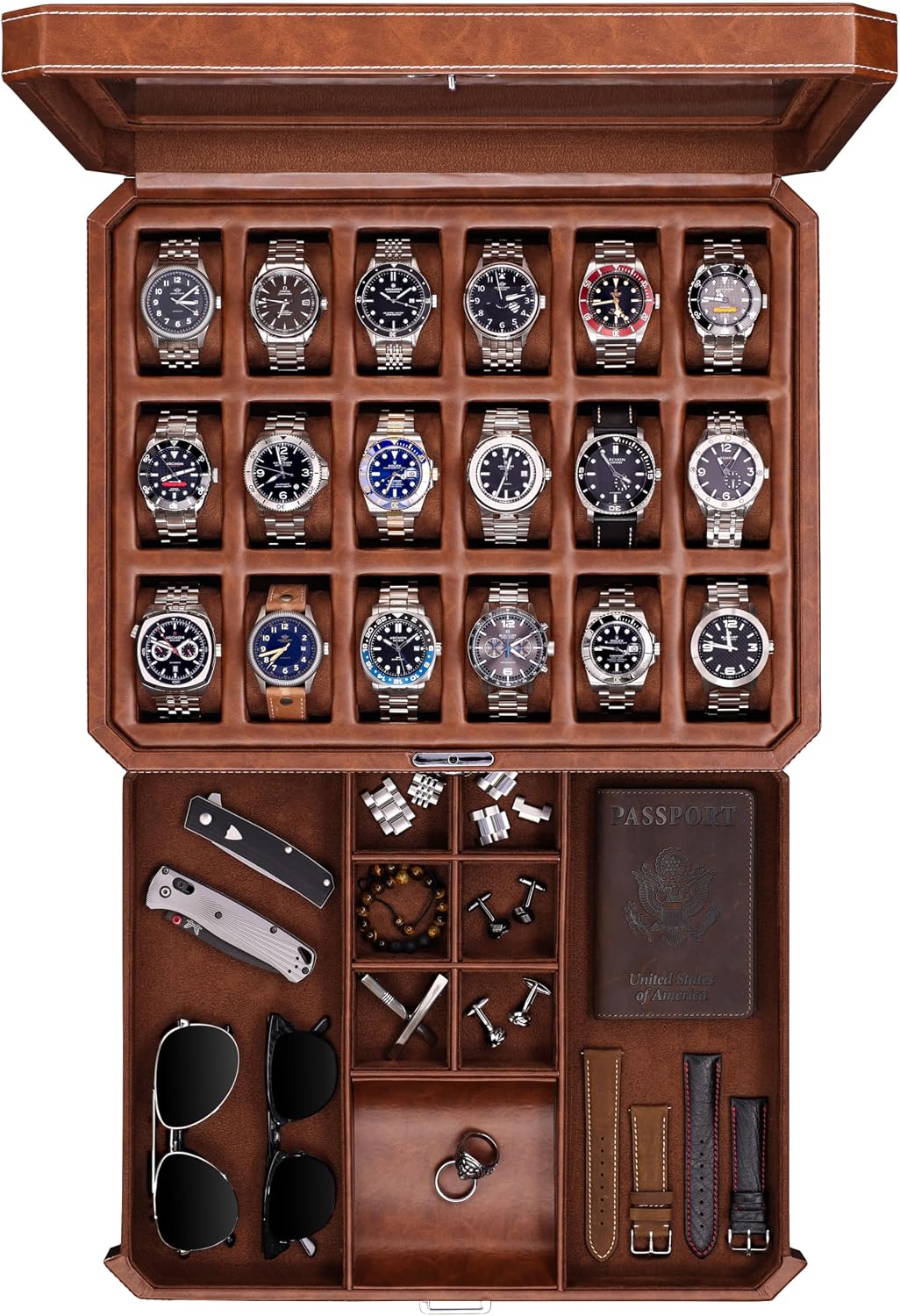 ROTHWELL 18-Slot Watch Case with Drawer – Luxury Watch Box for Men, Real Glass Top, Lockable, Display Case for Collections (Tan/Brown)