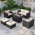 Aoxun Patio Furniture Set with Fire Pit Table, 6 Seats Outdoor Furniture Set with Wicker Ottomans, Rattan Outdoor Sectional Sofa with Thickened Cushion & Waterproof Cover Beige