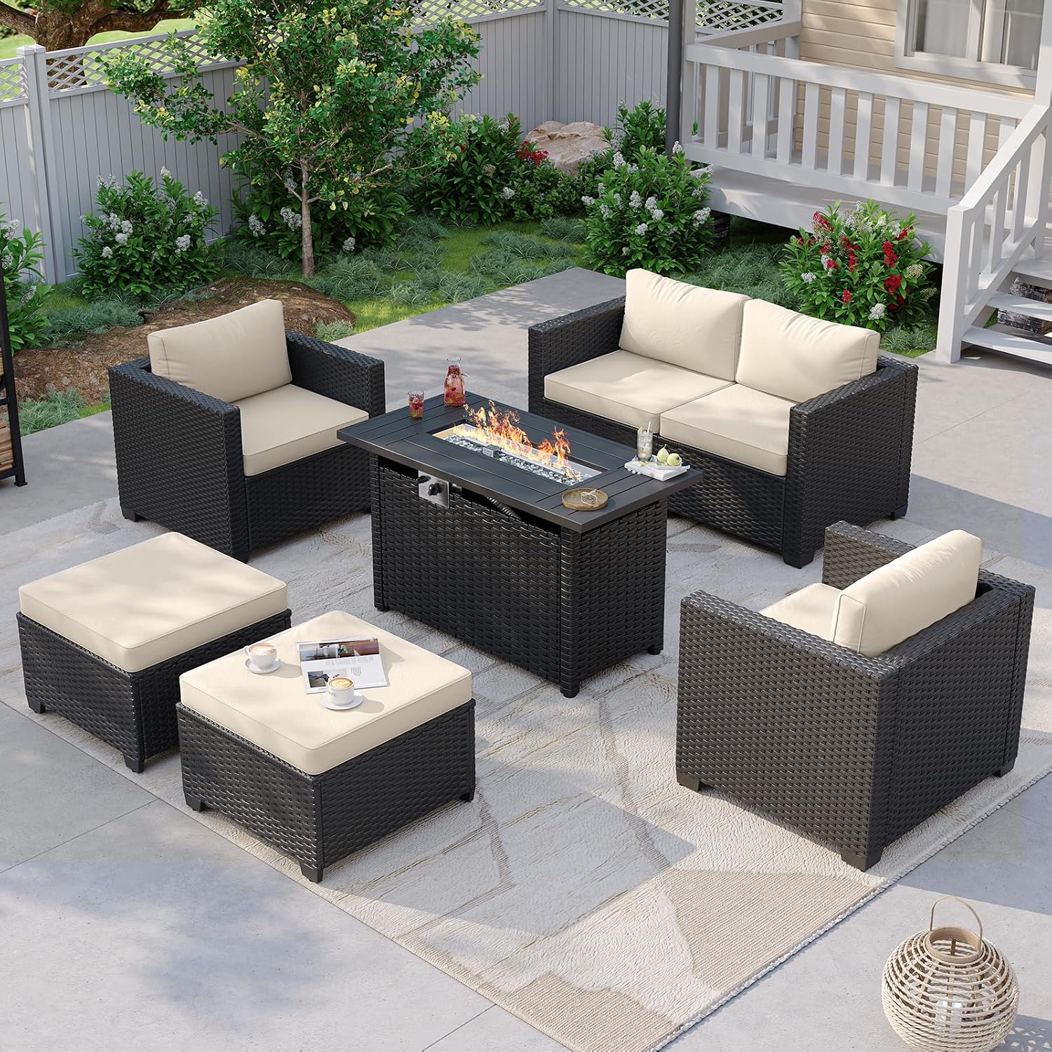 Aoxun Patio Furniture Set with Fire Pit Table, 6 Seats Outdoor Furniture Set with Wicker Ottomans, Rattan Outdoor Sectional Sofa with Thickened Cushion & Waterproof Cover Beige