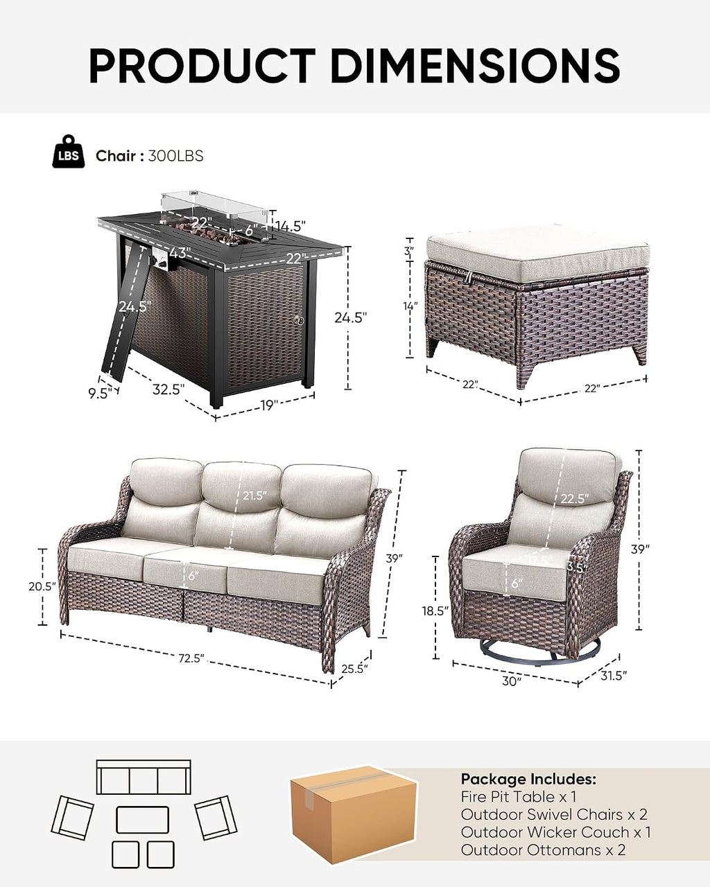 HUMMUH 6 Pieces Patio Furniture Set with Fire Pit High Back Outdoor Furniture Set 6-inch Cushions Wicker Patio Swivel Rocker Chairs for Balcony Garden,Lawn,Deck