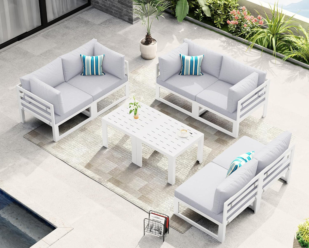 NICESOUL 8 Piece Large Luxury Aluminum Patio Conversation Set, 29' Deep Wide Comfortable Sitting, L Shaped Modular Sectional Couch, 500 lbs Heavy Duty All Weather Outdoor Sofa for Backyard, Light Gray