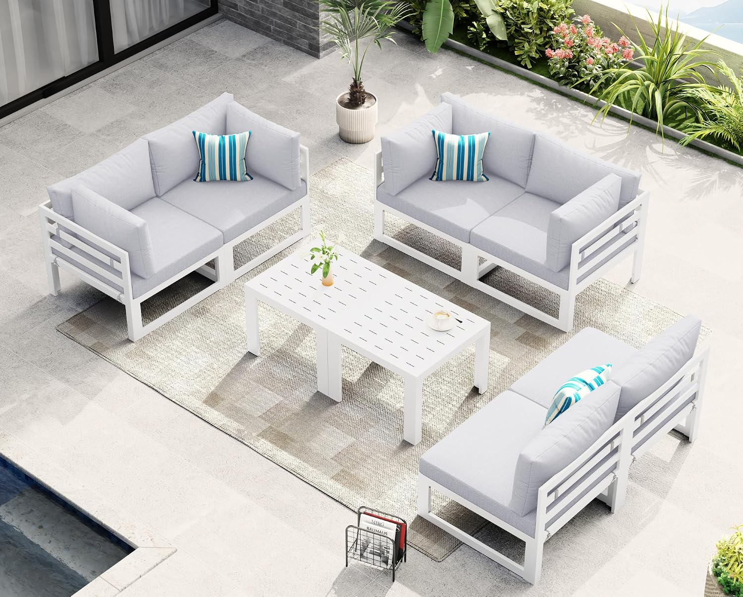 NICESOUL 8 Piece Large Luxury Aluminum Patio Conversation Set, 29' Deep Wide Comfortable Sitting, L Shaped Modular Sectional Couch, 500 lbs Heavy Duty All Weather Outdoor Sofa for Backyard, Light Gray