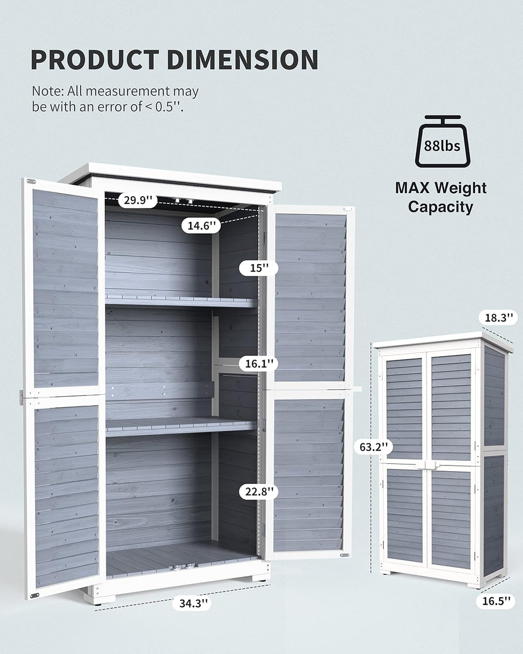 Gizoon Outdoor Storage Cabinet with 3 Shelves, Double Lockable Wooden Garden Shed with Waterproof Roof, Outside Vertical Tall Tool Shed for Yard Patio Lawn Deck-Grey
