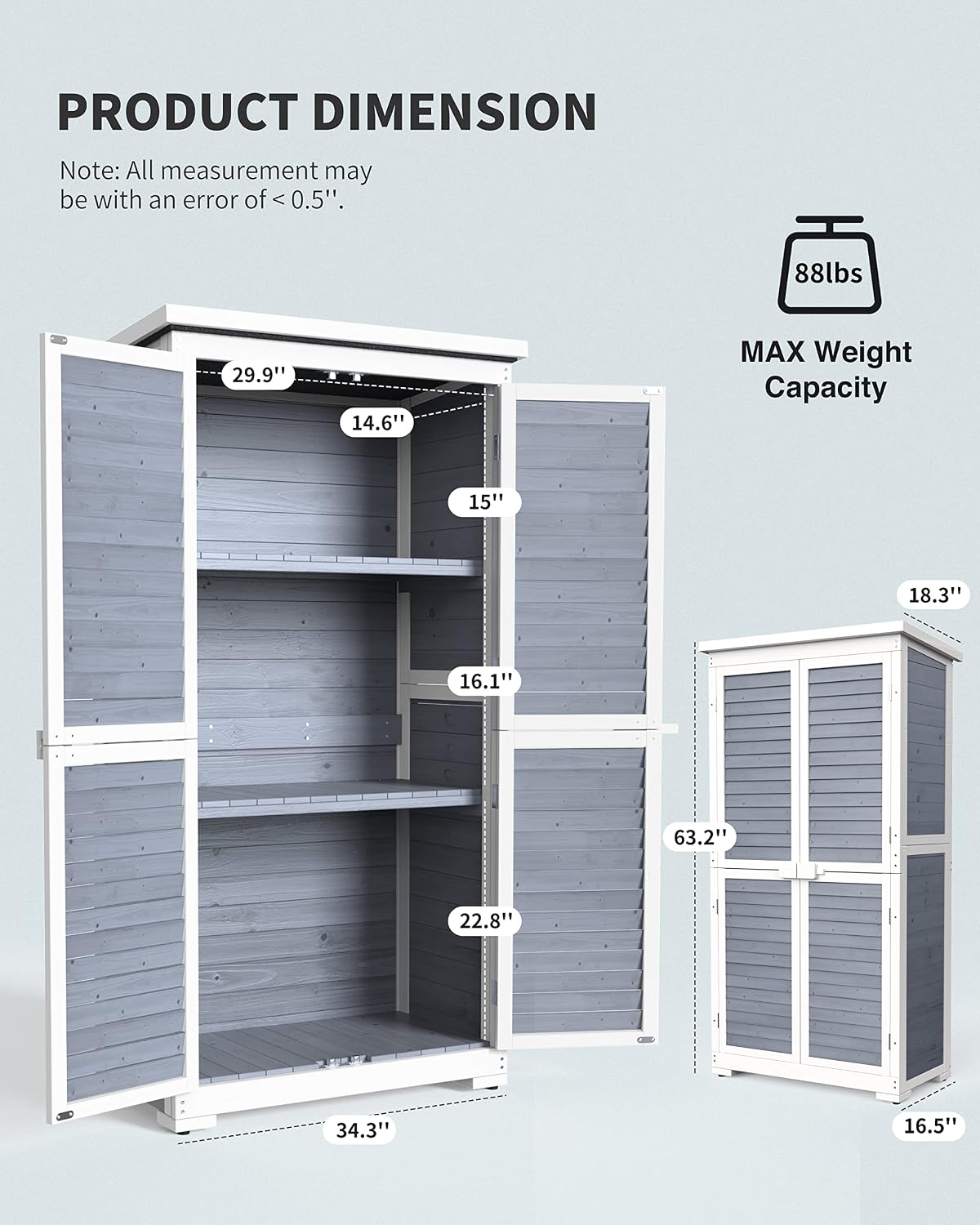 Gizoon Outdoor Storage Cabinet with 3 Shelves, Double Lockable Wooden Garden Shed with Waterproof Roof, Outside Vertical Tall Tool Shed for Yard Patio Lawn Deck-Grey