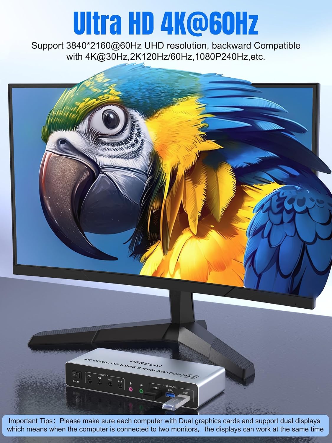 USB 3.0 HDMI+Displayport KVM Switch for 4 Computers and 2 Monitors, 4 Port Dual Monitor, 4K@60Hz Support with EDID, Audio，Microphone，and 3 USB 3.0 Ports