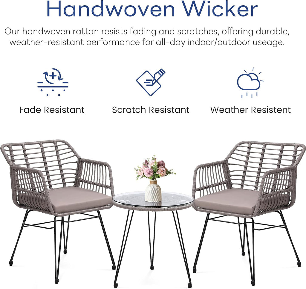 KROFEM 3 Piece Wicker Patio Bistro Furniture Set, Includes 2 Rattan Chairs and Glass Top Table, Ideal for Porch, Outdoor, Backyard, Apartment, Balcony, Grey