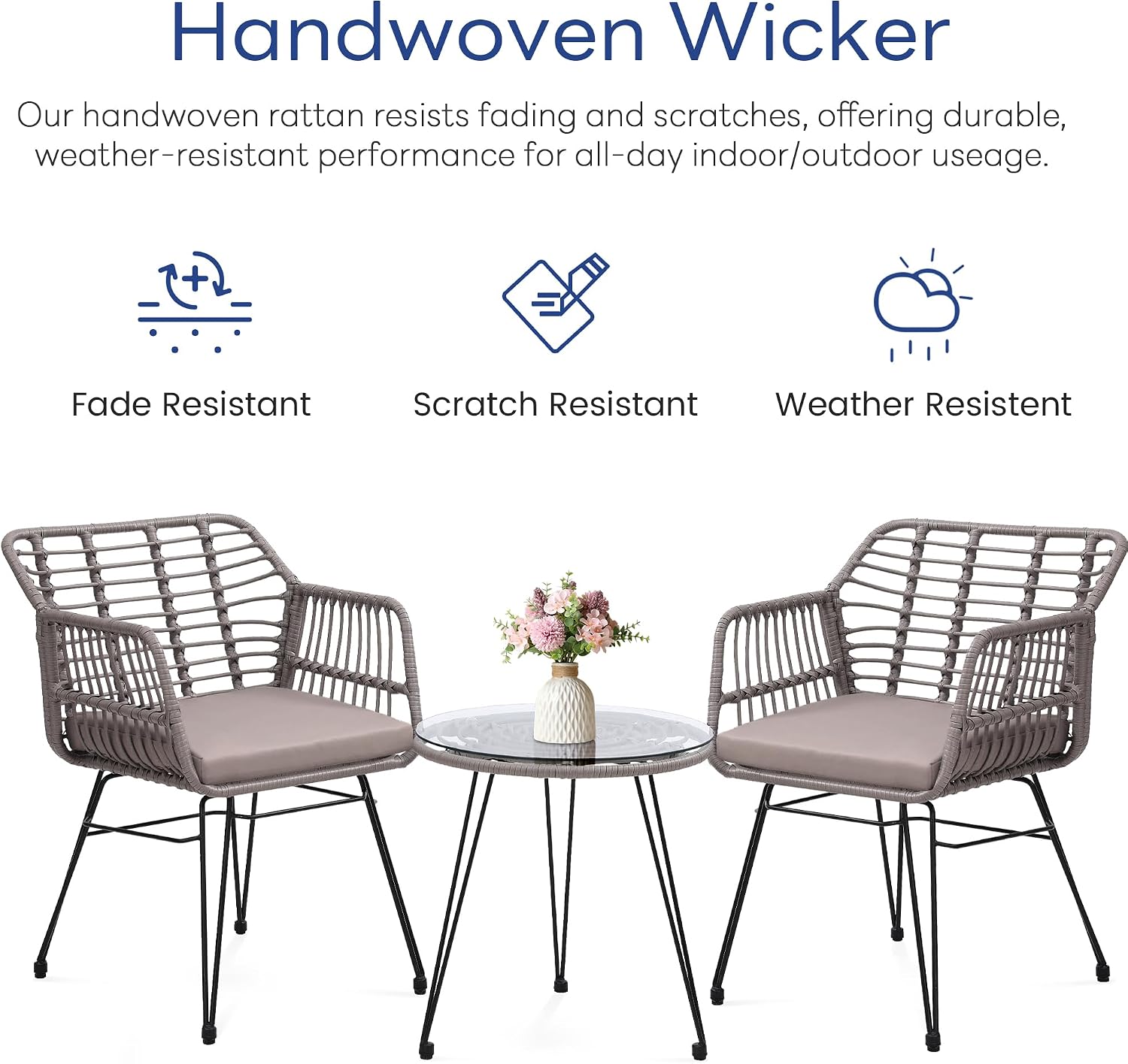 KROFEM 3 Piece Wicker Patio Bistro Furniture Set, Includes 2 Rattan Chairs and Glass Top Table, Ideal for Porch, Outdoor, Backyard, Apartment, Balcony, Grey