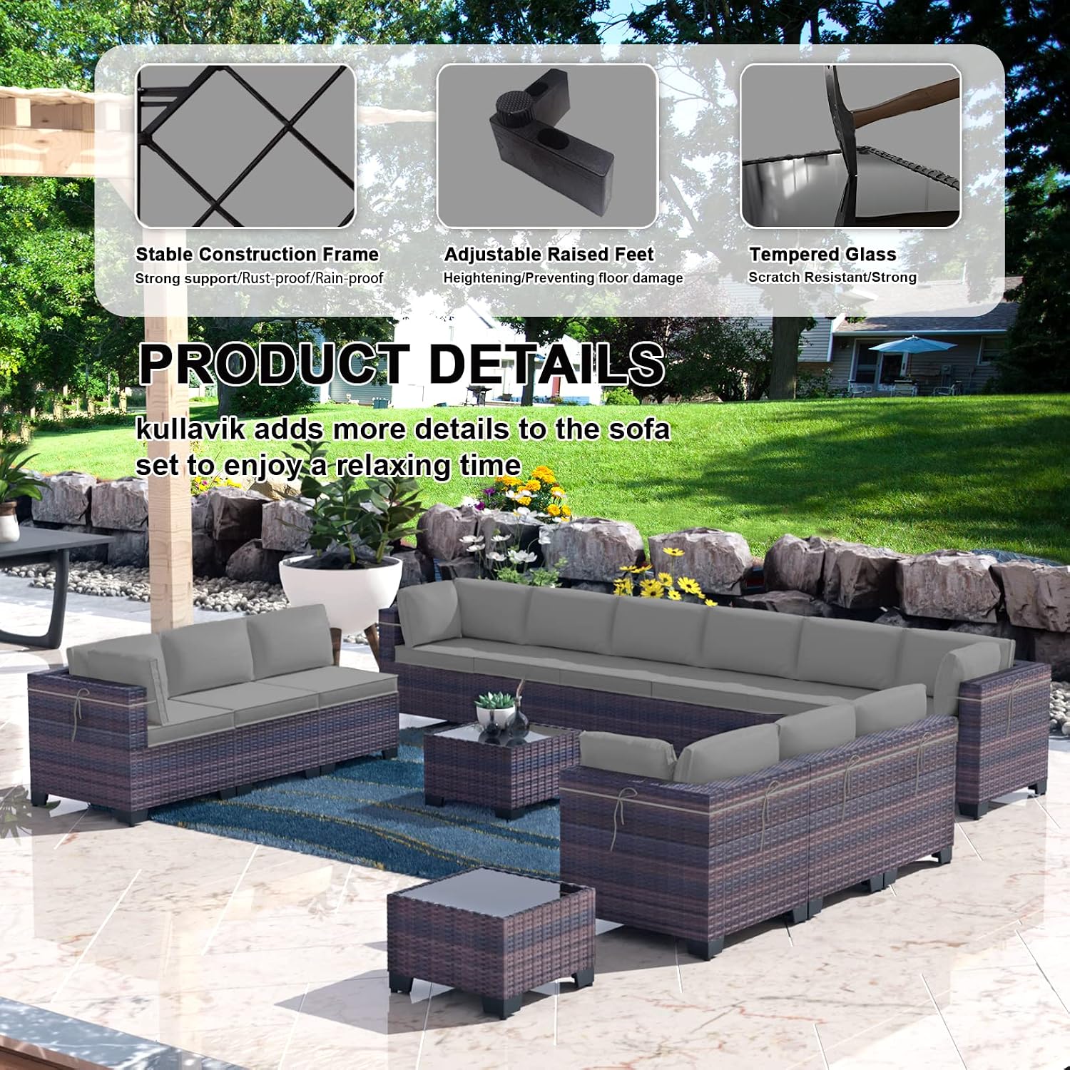 Kullavik 14 Pieces Outdoor Patio Furniture Set,Sectional Rattan Sofa Set Brown PE Rattan Wicker Patio Conversation Set with Tempered Glass Coffee Tables and Washable Cushions Covers,Grey